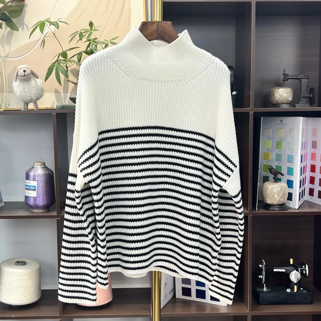 淸！绵羊毛加厚半身条纹半高领套衫女士秋冬S295