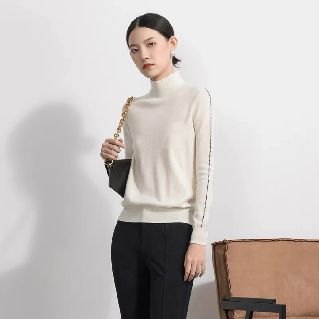 【美久仟】福利款！绵羊毛半高领肩拼色长袖套衫女士秋冬S221