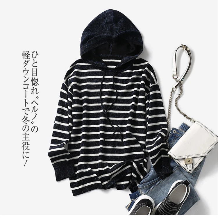 【美久仟】纸片人！精纺绵羊毛条纹金葱套头帽衫宽松女款百搭E681