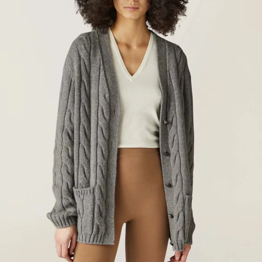 【美久仟】严寒加厚！山羊绒绞花中长款开衫女士秋冬S246