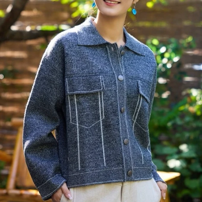 【美久仟】”西部牛仔“羊绒拼色花纱polo外套女秋冬