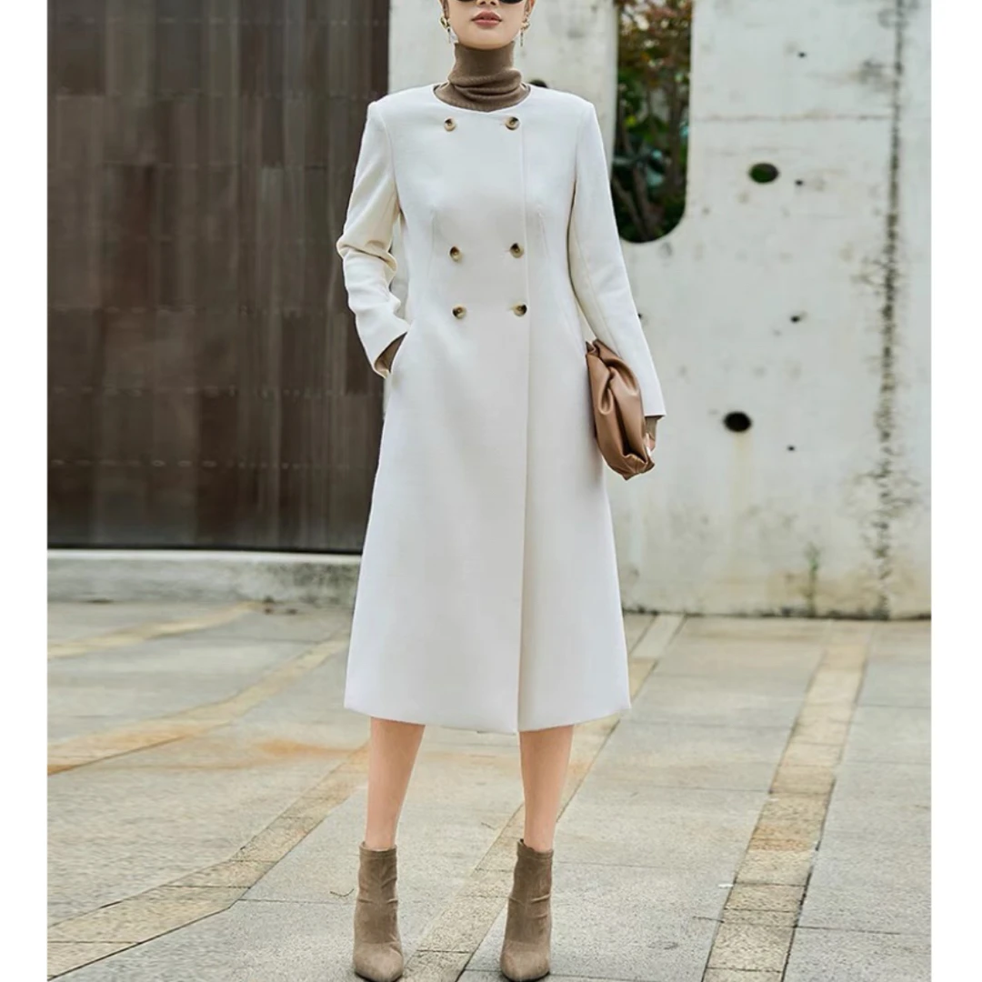 【美久仟】优雅yong不过时！山羊绒圆领气质经典款大衣风衣秋冬女士