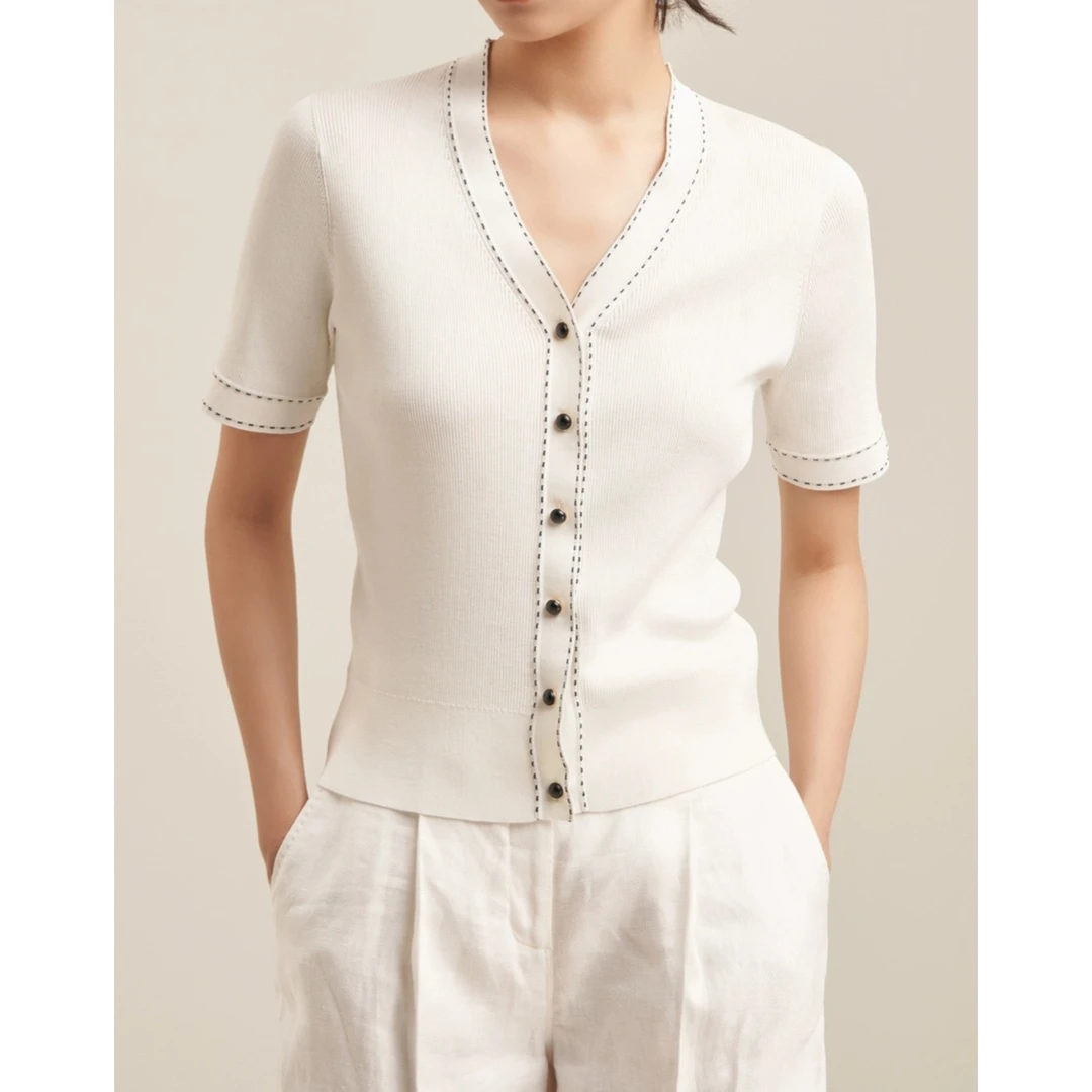 【美久仟】隐藏款！桑蚕丝+棉短袖虚线短袖开衫女士夏L567