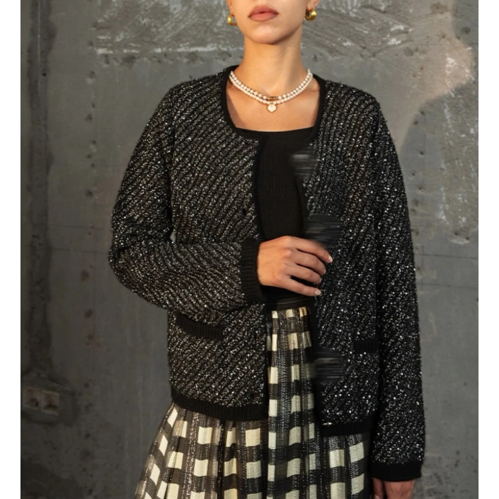 【美久仟】爆闪小香！羊绒珠片加厚圆领针织开衫女秋冬