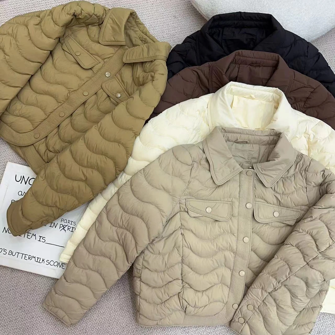 ［四季青穿搭］韩版百搭修身显瘦时尚翻领波浪纹白鸭绒外套31082