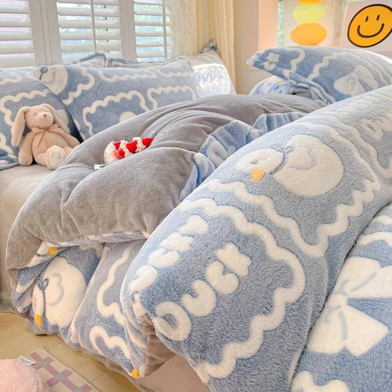 双面雪花绒床上四件套冬季加厚保暖牛奶珊瑚绒被套床单床笠床品三