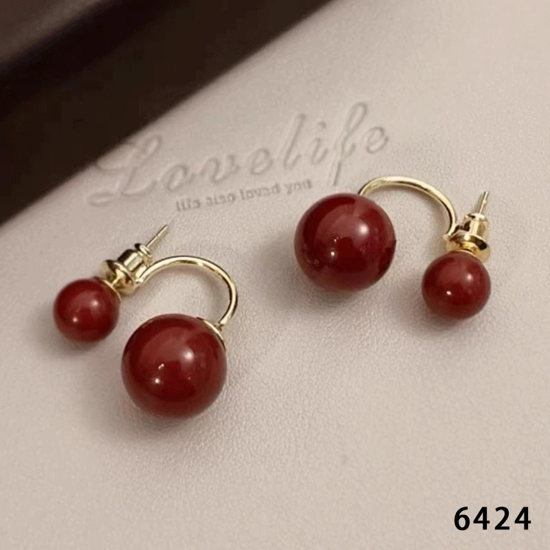 Bawarren 美❤ 6424-精致红珠耳环简约百搭时尚