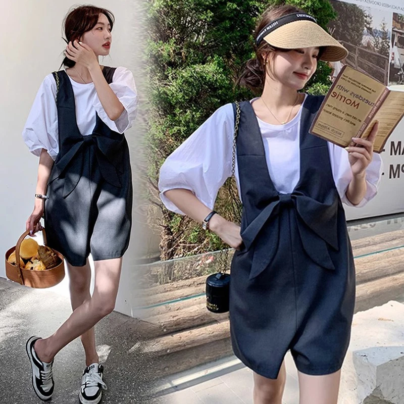 孕妇套装大码显瘦时尚休闲小个子背带裤夏季薄款阔腿宽松上衣裤子