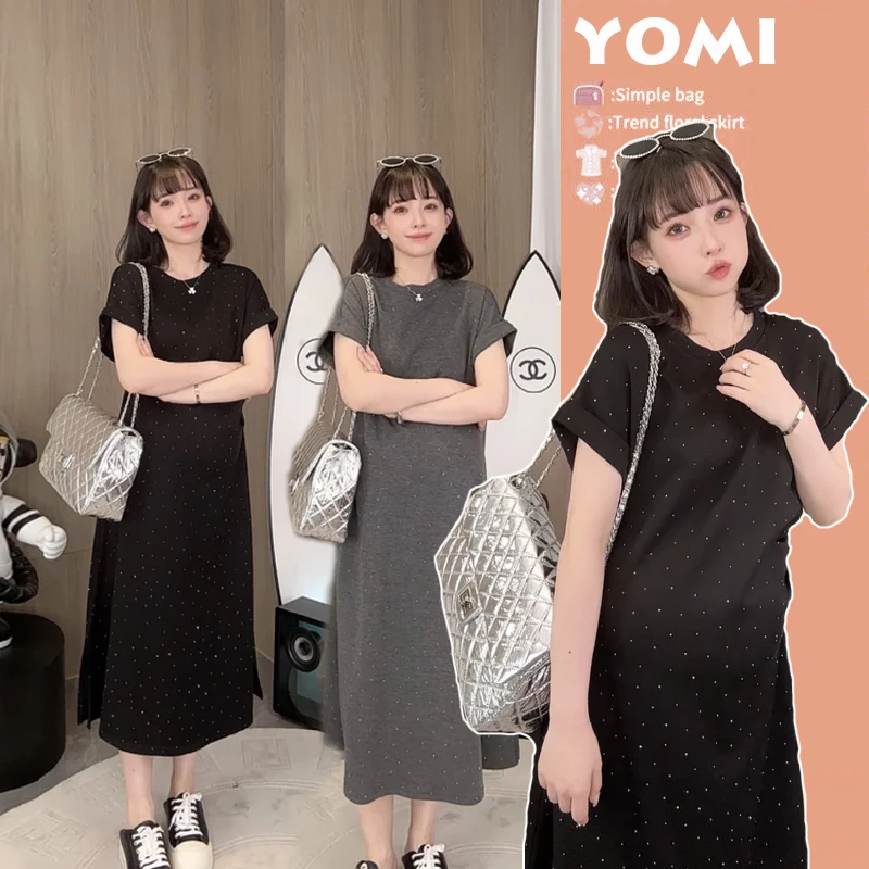 轻奢烫钻孕妇装短袖连衣裙2024新款夏季设计感宽松气质长款t恤裙