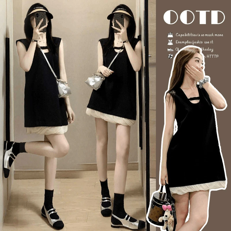 2024夏装新款小个子韩版时尚宽松蝴蝶结小黑裙气质法式孕妇连衣裙