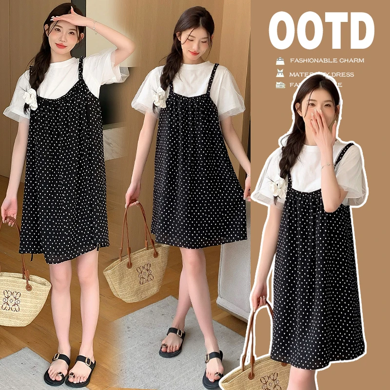 孕妇装2024新款夏装休闲套装波点短袖上衣女T恤背带连衣裙两件套