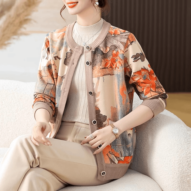 LOzP花色圆领开衫小香风外套中老年女士妈妈加绒加厚秋冬季新款