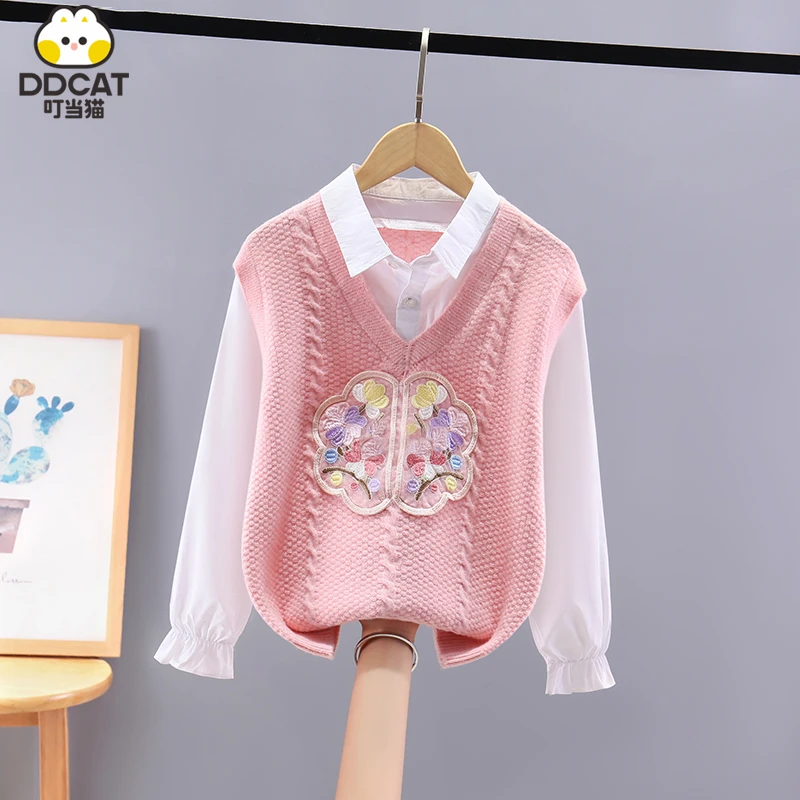 叮当猫女童毛衣假两件春秋新款洋气中大童女孩中国风针织打底衫潮