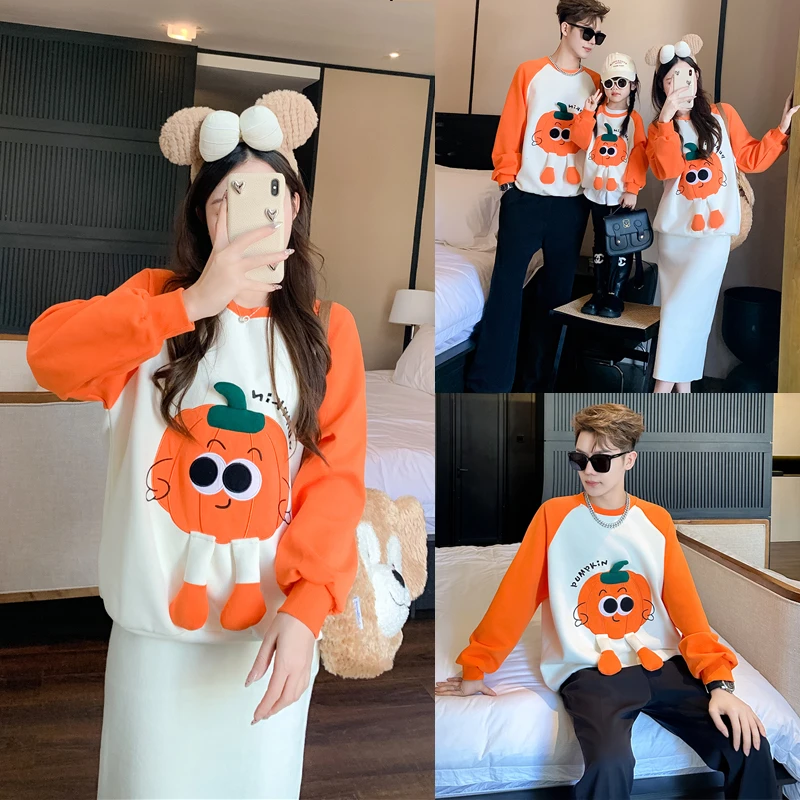 亲子装2024新款一家三口南瓜卡通卫衣秋冬装长袖潮爬服婴儿装8557