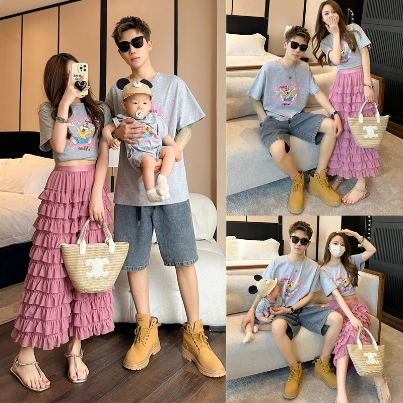 亲子装2024夏装渐变丁达尔穿搭短袖半身裙T恤套装婴童爬服连体衣