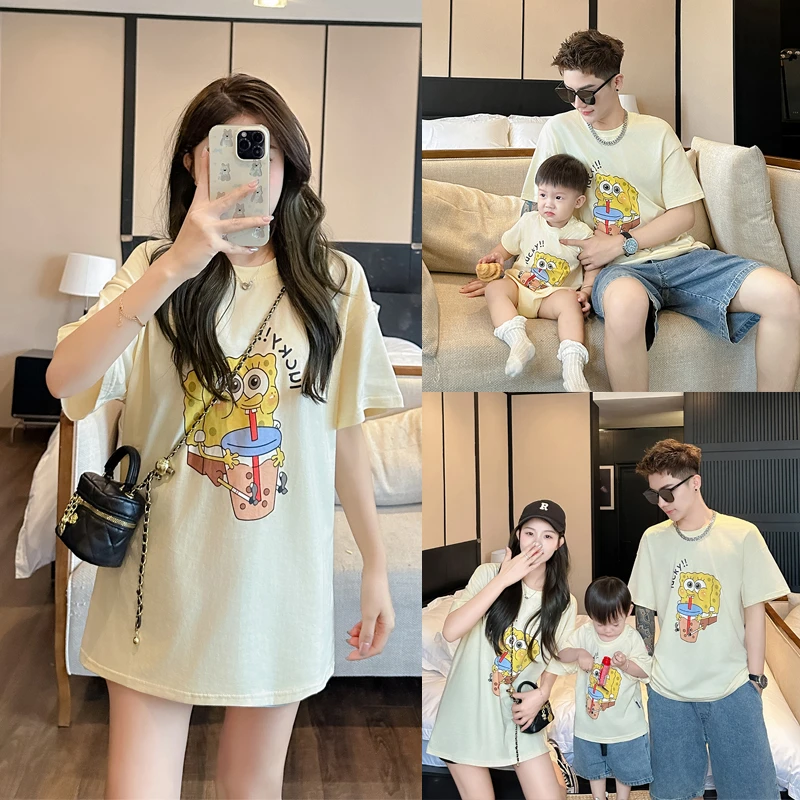 2024新款亲子装一家三口新款海绵宝宝卡通母女装婴儿短袖T恤
