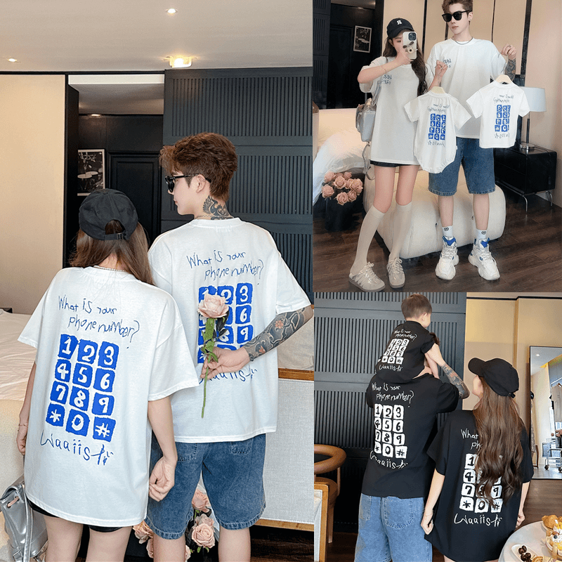 2024新款一家三口背后数字印花短袖亲子装夏装时尚婴童爬服连体衣