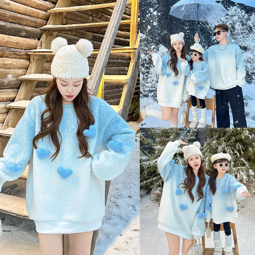 亲子装2024新款冬装加绒立体爱心一家三卫衣长袖爬服婴儿A8898