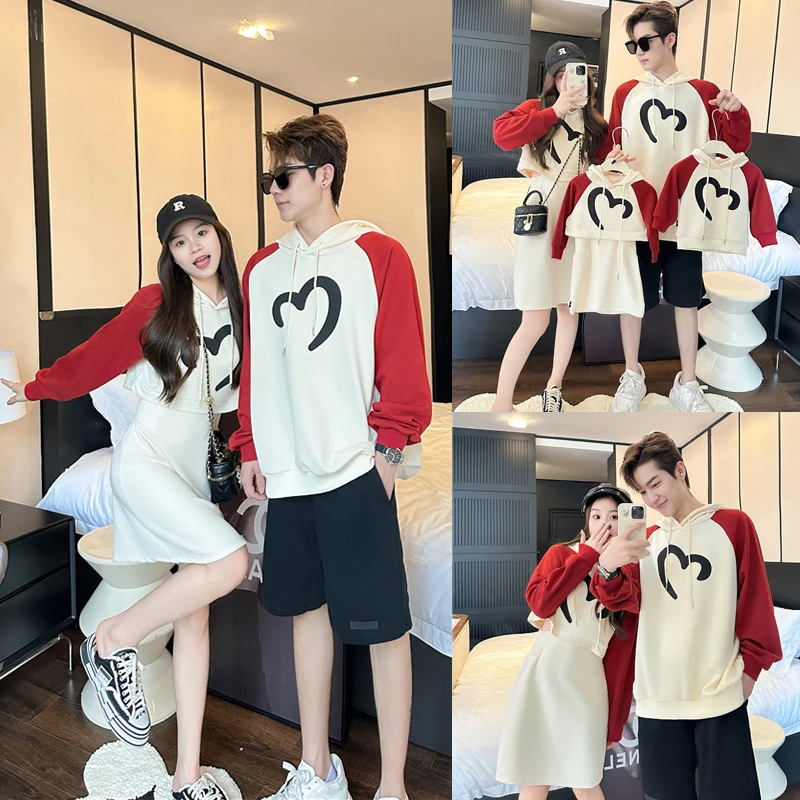 萌娃穿搭2024新款秋款母女插肩拼接长袖亲子装一家三口卫衣