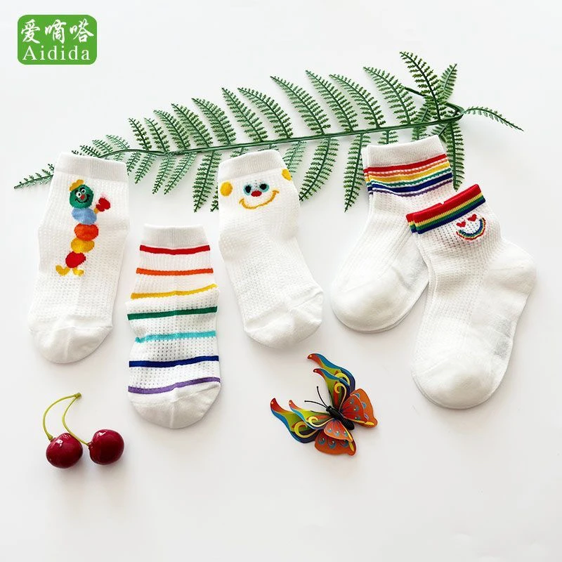 爱嘀嗒儿童袜子夏季棉袜薄款大网眼男女中大童宝宝彩虹笑脸空调袜