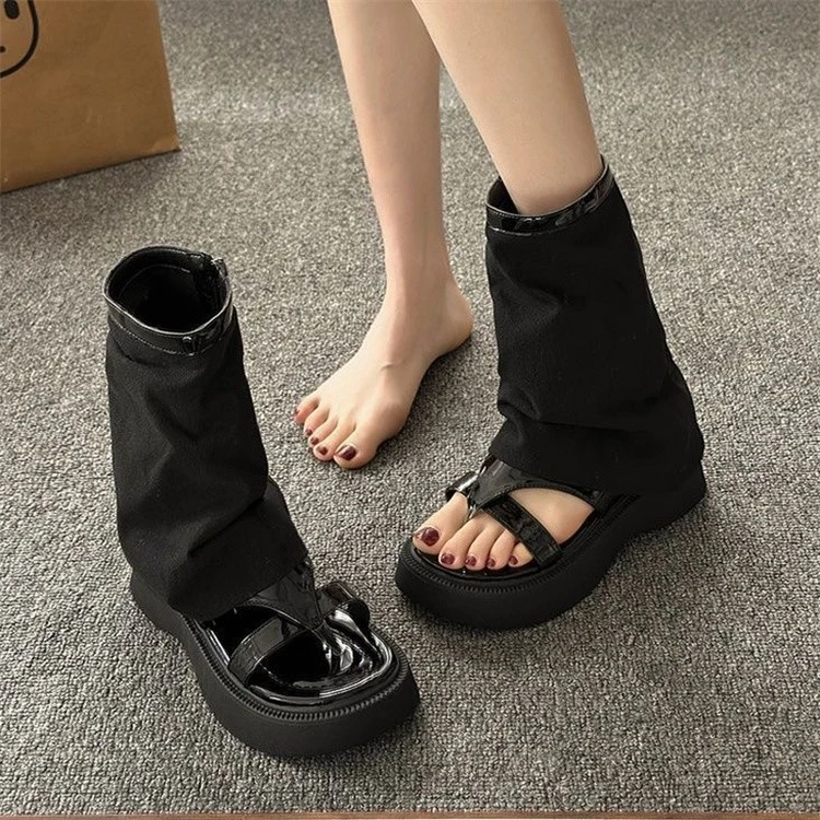 时尚百搭2024夏季新款凉鞋女厚底增高小众罗马鞋夹趾复古凉靴短靴