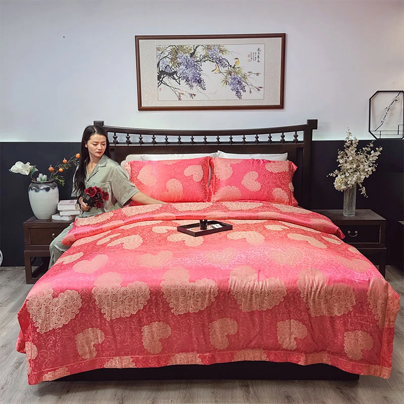 色织贡缎提花四件套轻奢丝滑粉色床单被套枕套被罩三件套床上用品