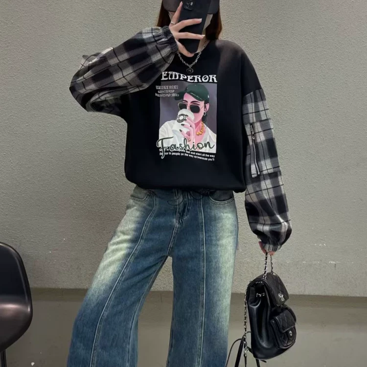 W18【衣长57】拼接格子长袖卫衣女2024春秋新款显瘦抽绳收腰上衣