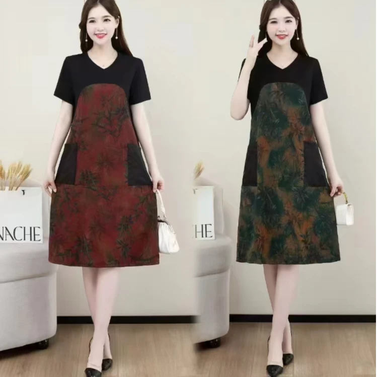 9002【裙长100】假两件碎花短袖连衣裙女夏季新款显瘦拼接裙子【A10】