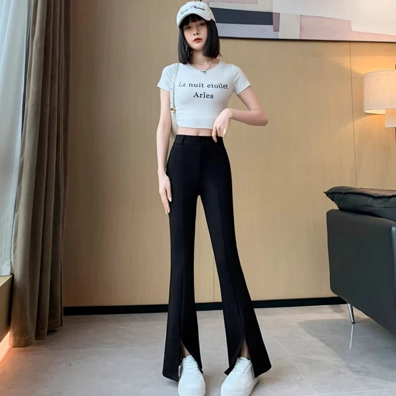 2025春夏时尚开叉微喇叭女高腰显瘦小个子九分垂感西装拖地长裤子