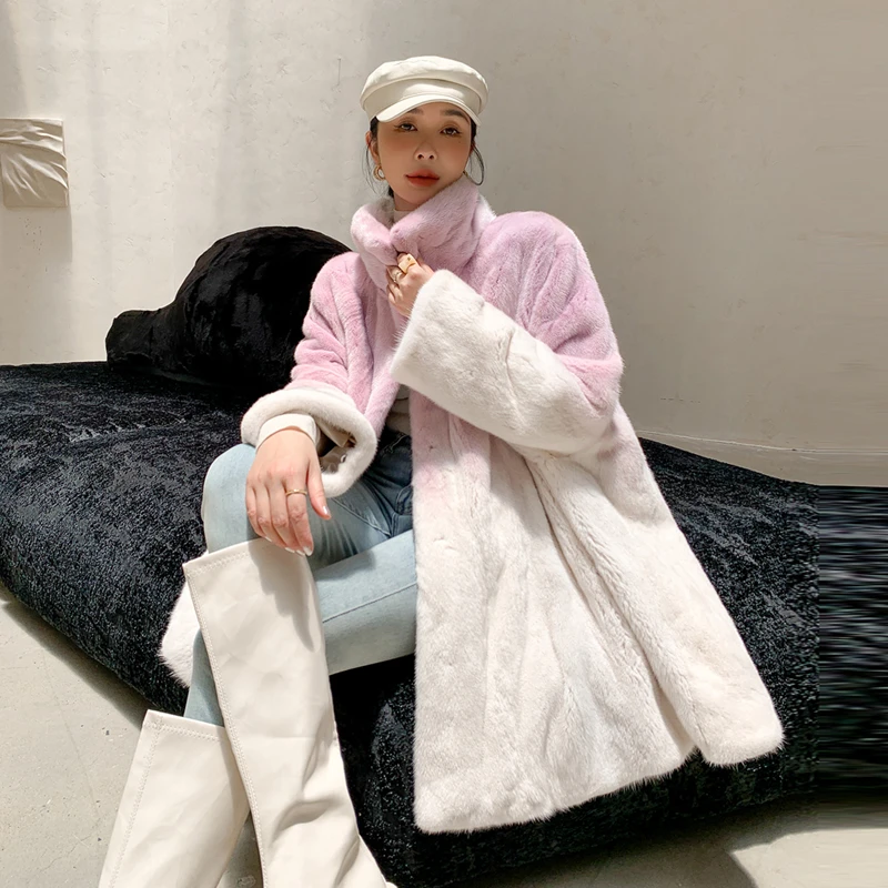 欧裳雅进口天鹅绒水貂皮草女整貂外套中长款立领斗篷貂皮大衣2023