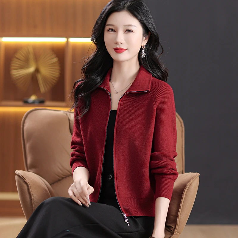 新款双拉链秋冬休闲洋气显瘦百搭宽松时尚长袖针织开衫953