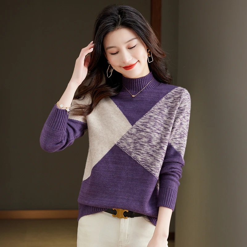 新款半高领秋冬套头洋气时尚撞色百搭宽松显瘦女针织衫868
