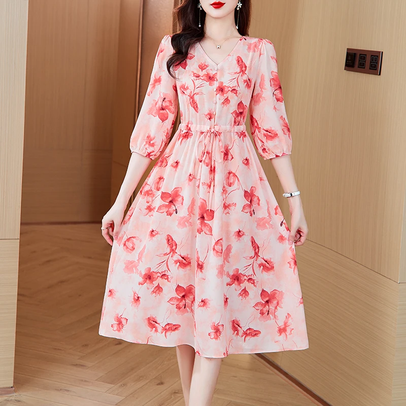 2024新款时尚气质显瘦连衣裙女夏季中长款收腰碎花裙子J2486