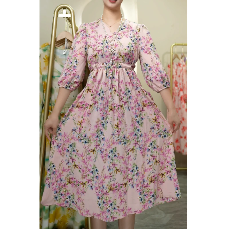 新款时尚气质显瘦连衣裙女夏季中长款收腰碎花裙子J2525