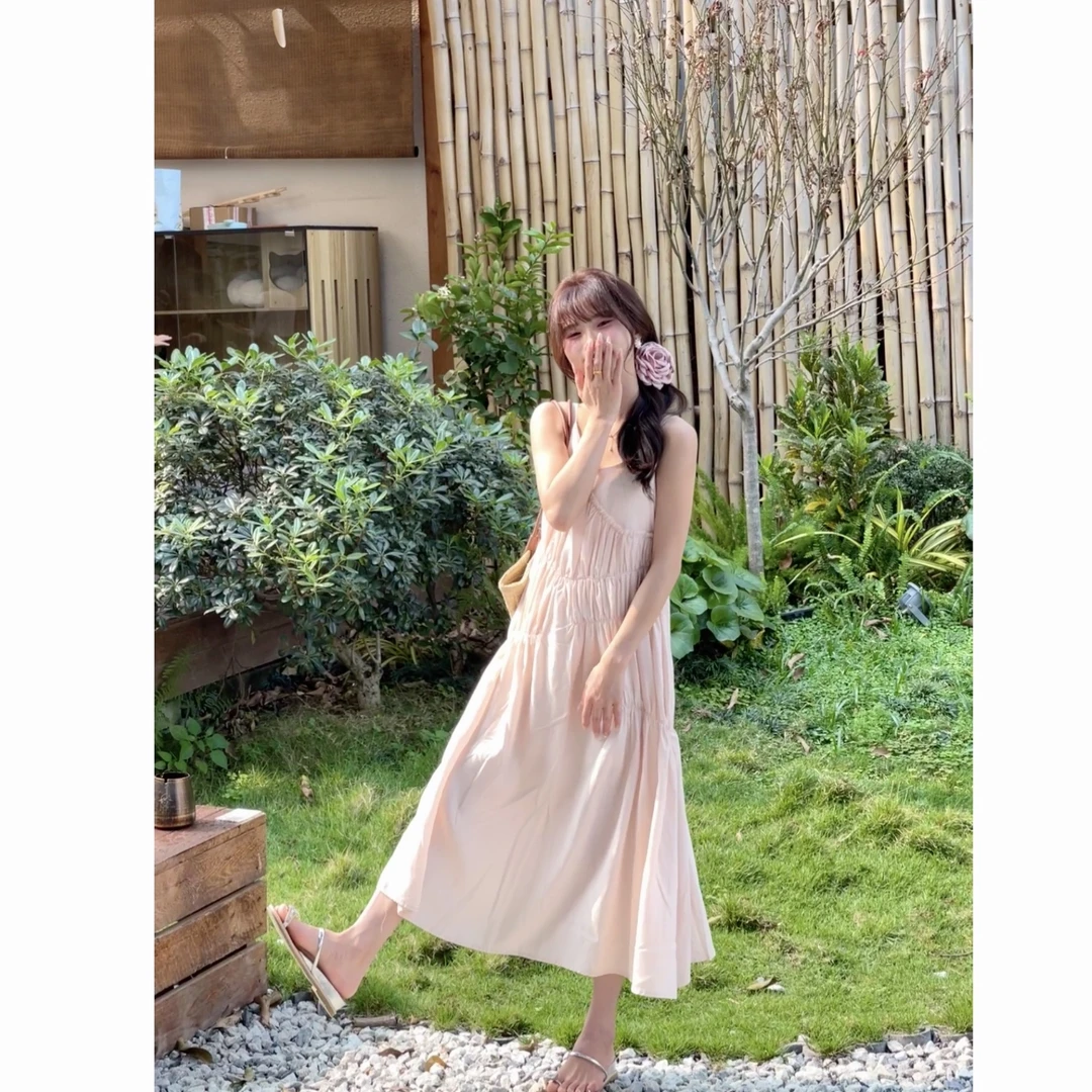 【樱桃小个子】夏季新款韩系温柔风设计感挂脖吊带连衣裙ZR-Q74050