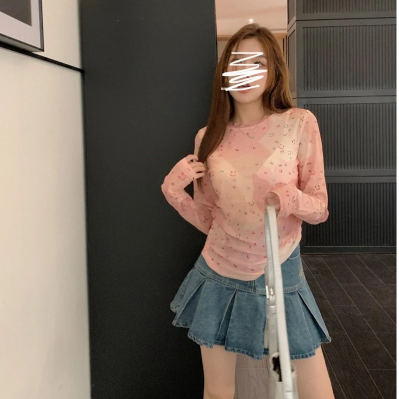 【樱桃小个子】夏季新款圆领网纱打底衫碎花薄款上衣女ZR-S73077
