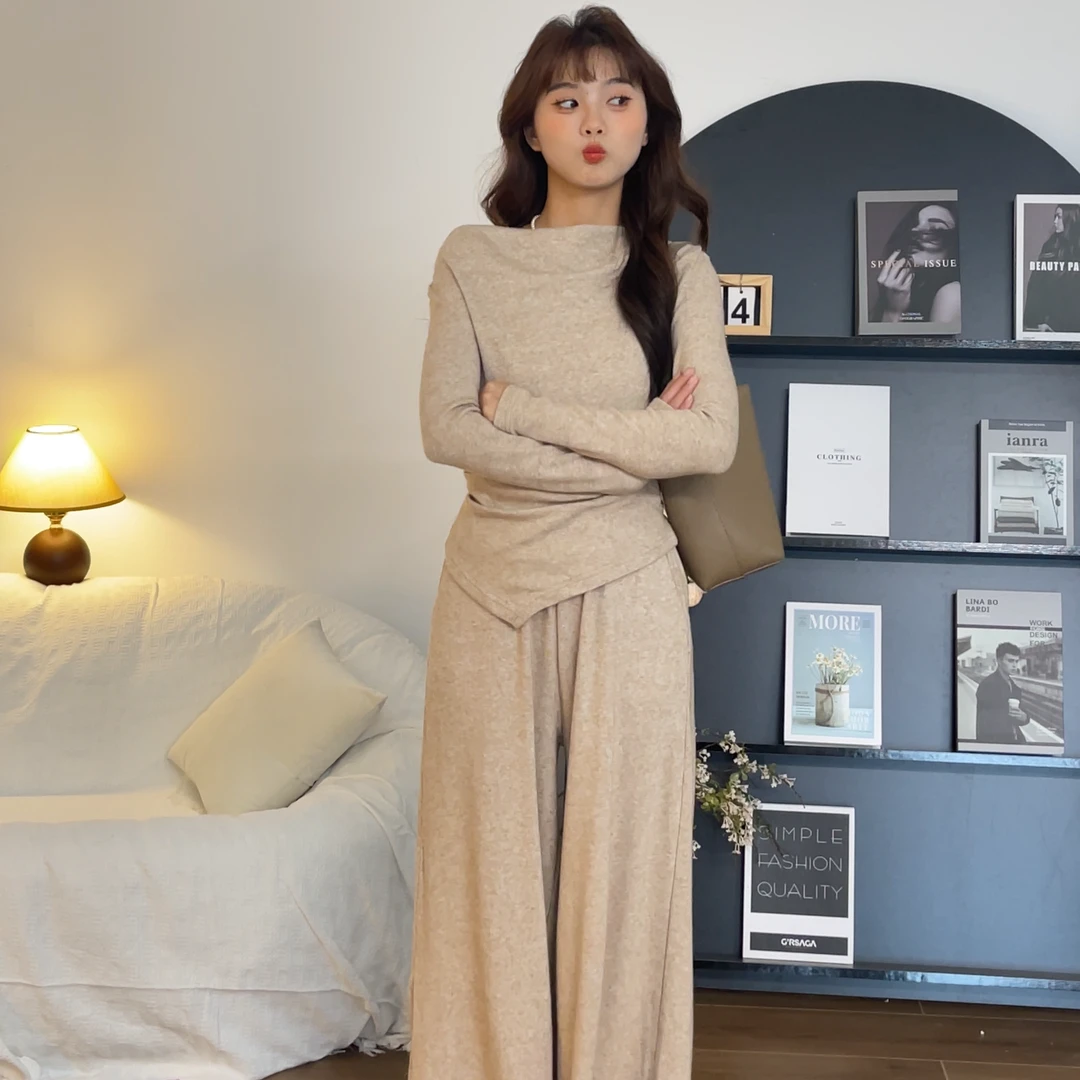 【樱桃小个子】春季新款法式堆领不规则设计感上衣+阔腿裤ZR-T73945