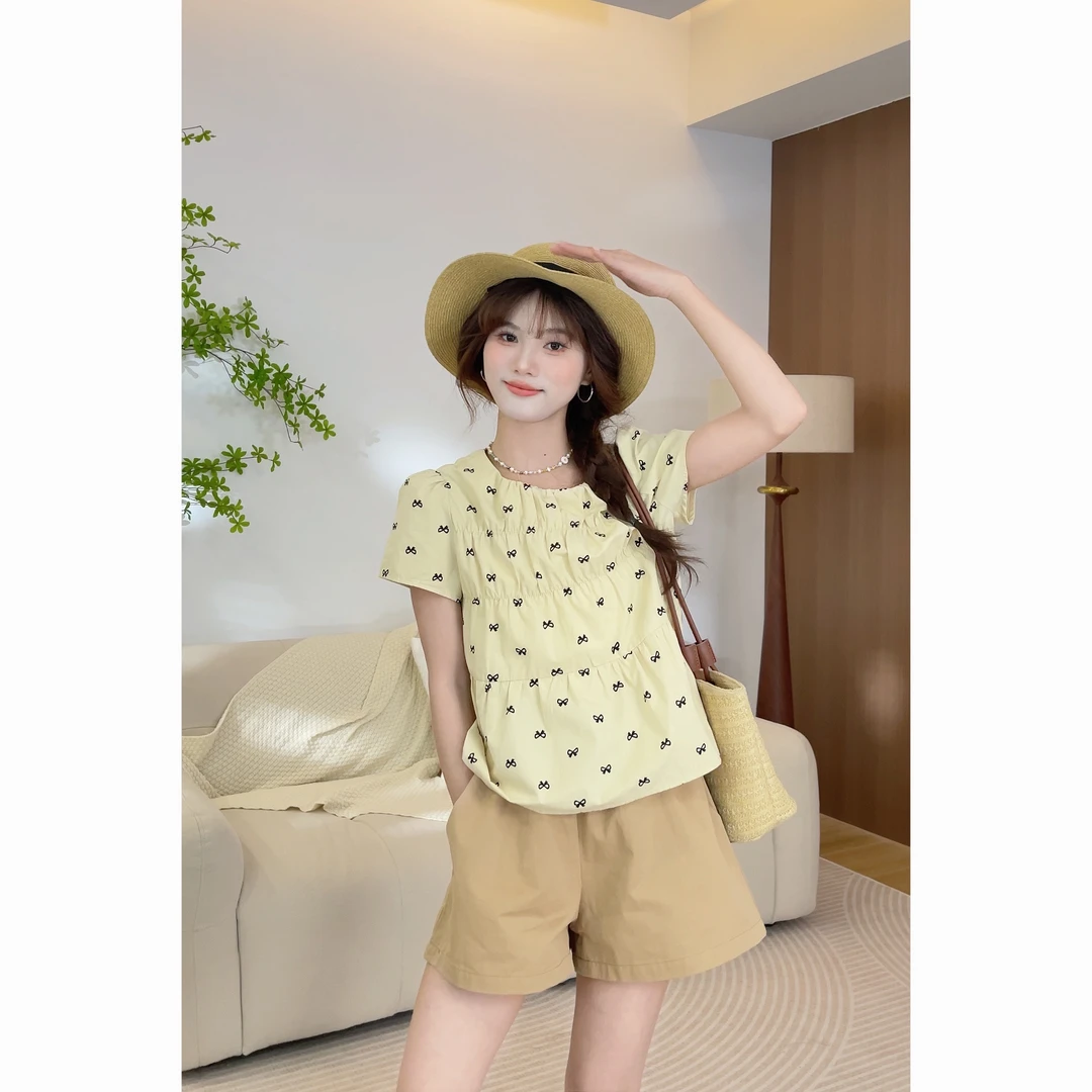 【樱桃小个子】夏季休闲风气质百搭蝴蝶结印花短袖上衣女ZR-S75868