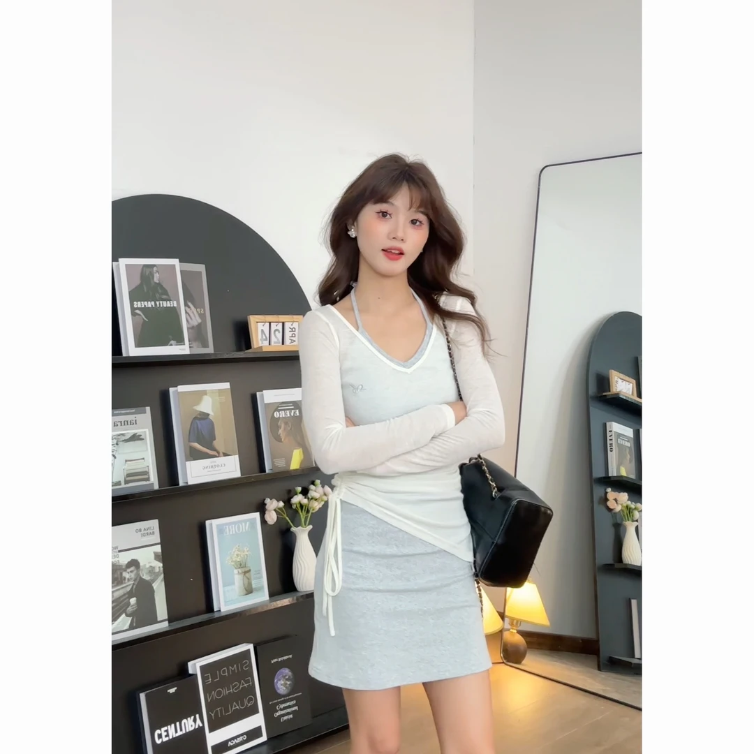 【樱桃小个子】夏季清凉休闲设计感长袖罩衫+吊带连衣裙女ZR-T75691