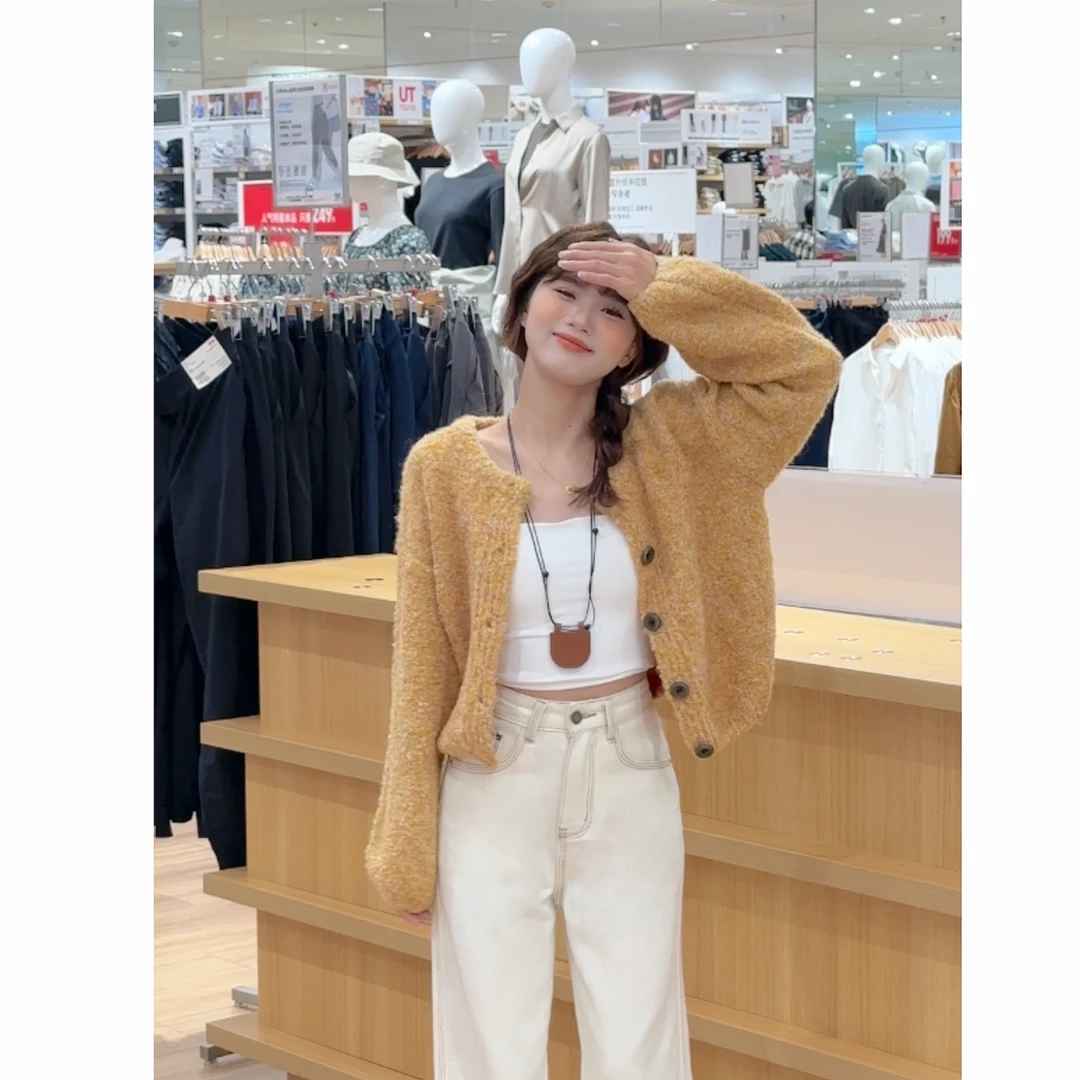 【樱桃小个子改版】日系慵懒风复古橘黄色毛衣针织开衫女ZR-S76324