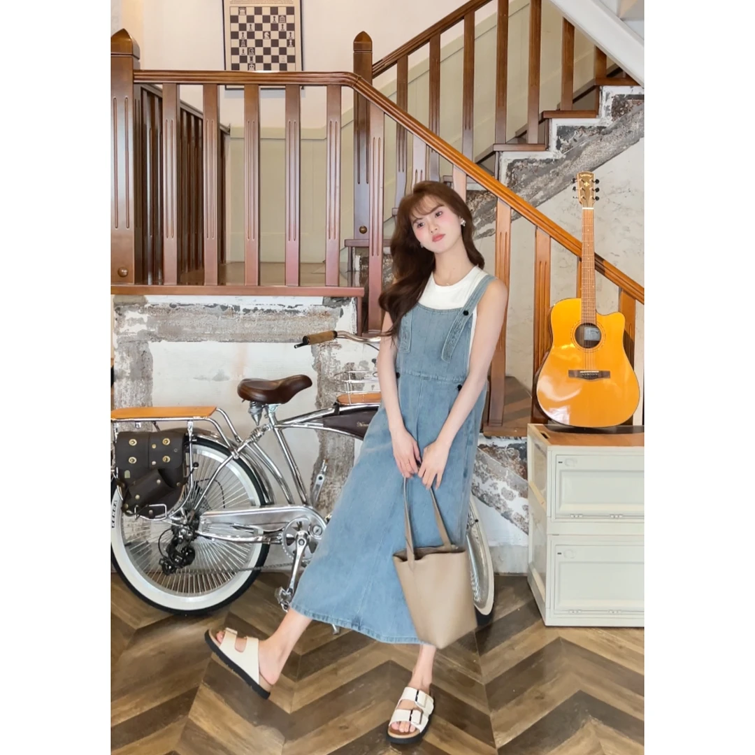 【樱桃小个子】春季新款百搭慵懒风休闲牛仔背带连衣裙女ZR-Q74496