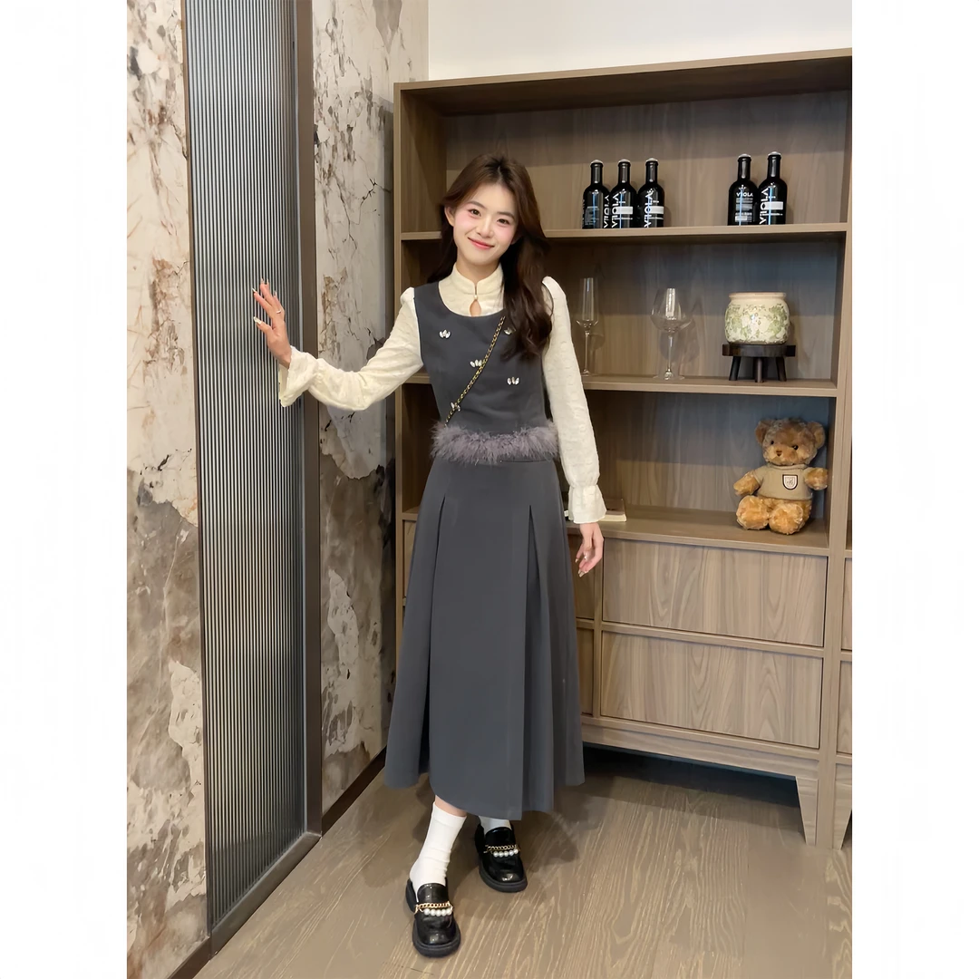 【樱桃小个子】春季新款高级感时尚假两件上衣+半身裙套装ZR-T74048