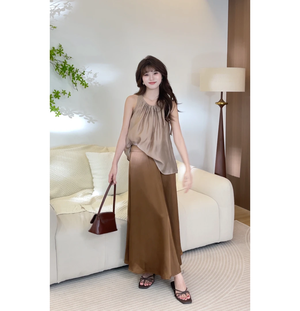 【樱桃小个子】夏季清凉法式高腰显瘦垂感气质A字半身裙女ZR-Q75754