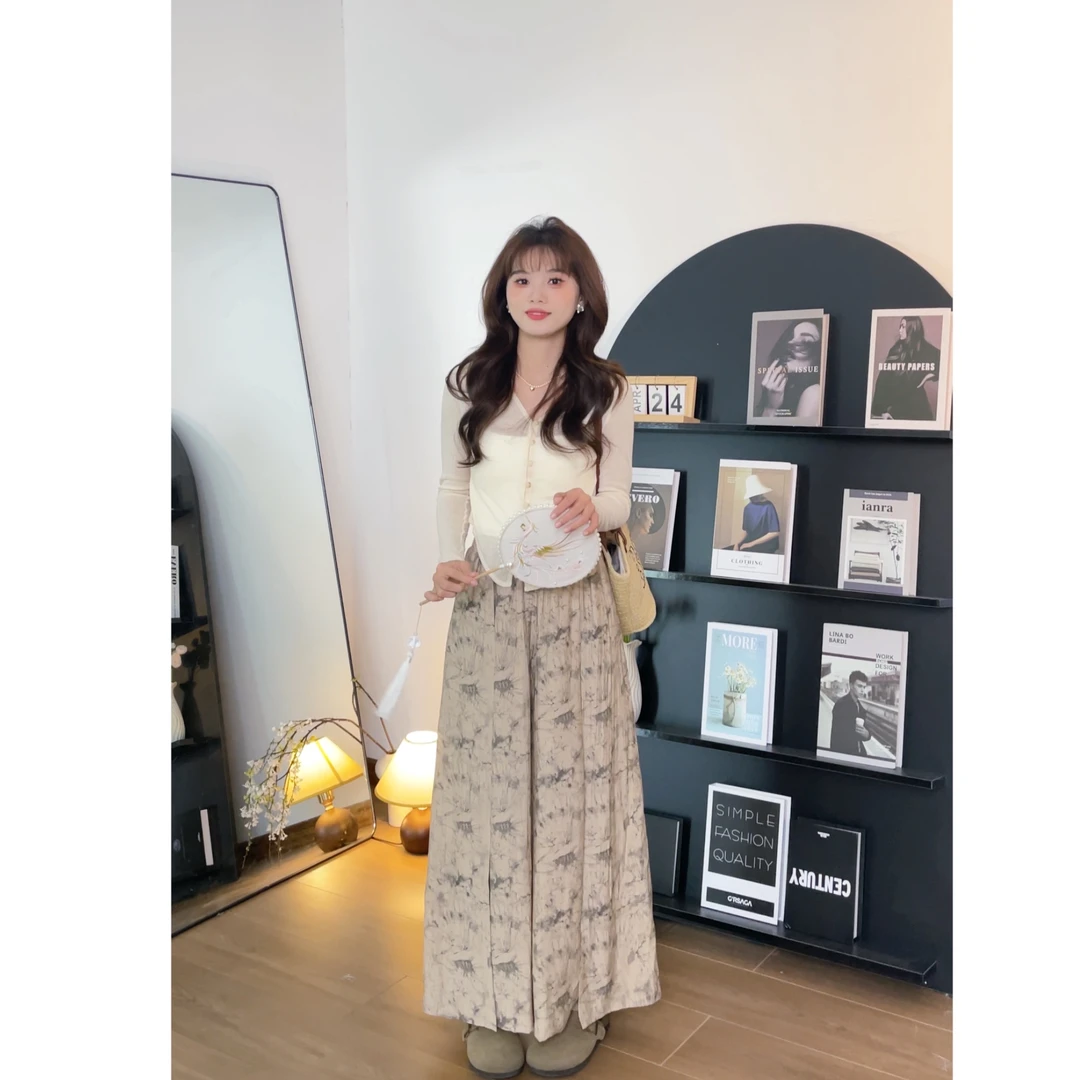 【樱桃小个子】夏季新款新中式国风水墨印花阔腿裙裤女ZR-K74888