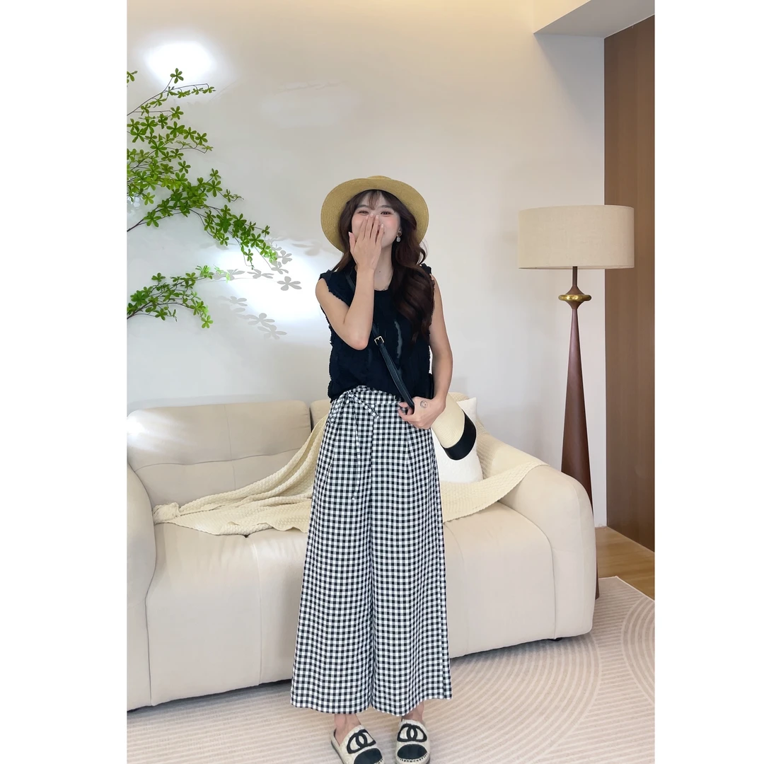 【樱桃小个子】夏季清凉休闲风格纹宽松显瘦气质阔腿裤女ZR-K75816