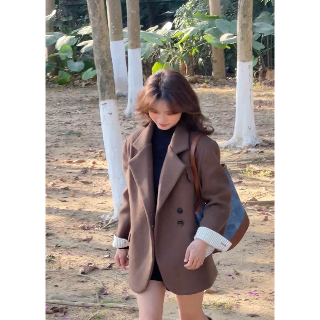 【樱桃小个子】冬季新款美拉德复古宽松毛呢气质西装外套ZR-W74010