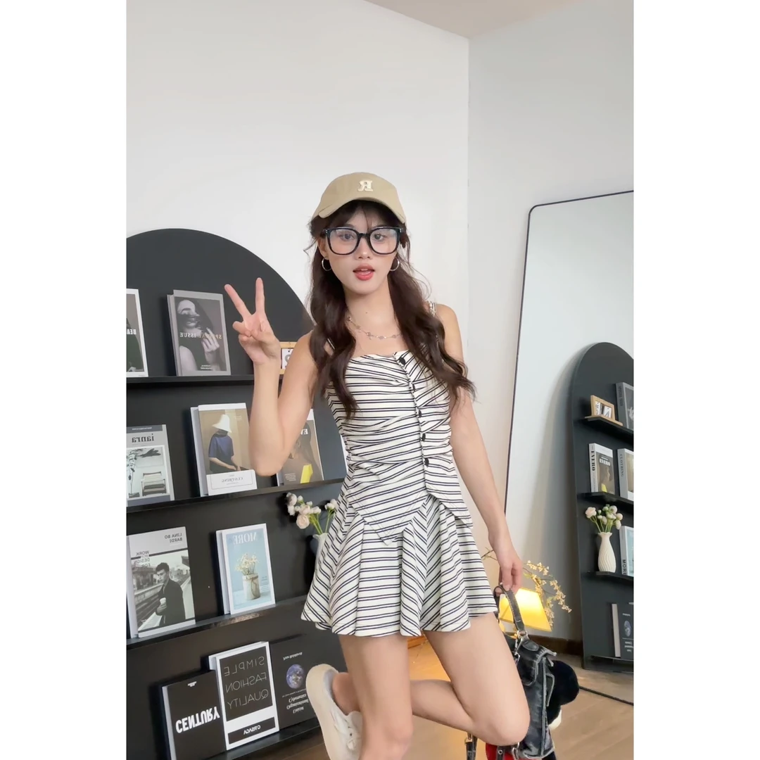 【樱桃小个子】夏季清凉韩版简约条纹吊带上衣+阔腿裙裤ZR-T75726Y