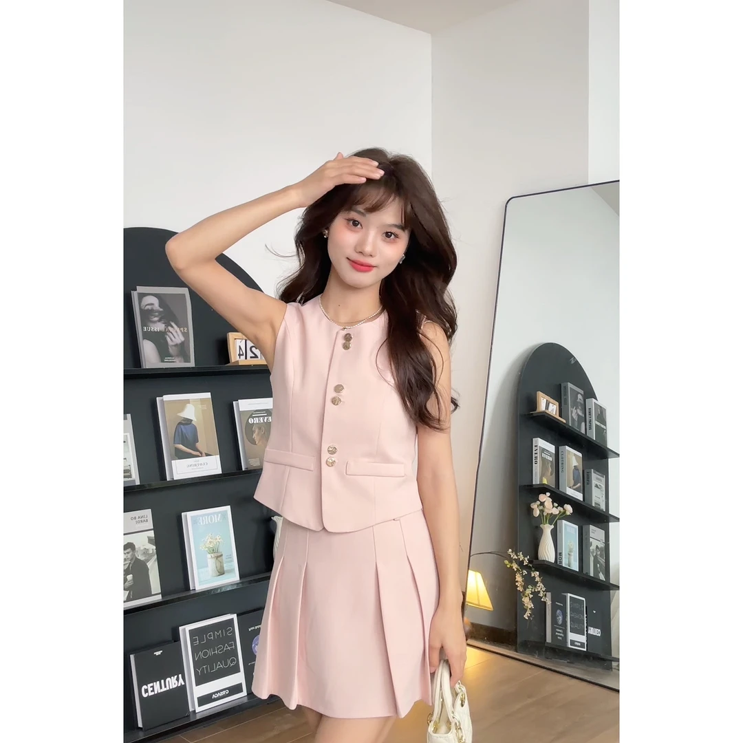 【樱桃小个子】夏季清凉温柔风气质感西装马甲+高腰百褶裙ZR-T75458