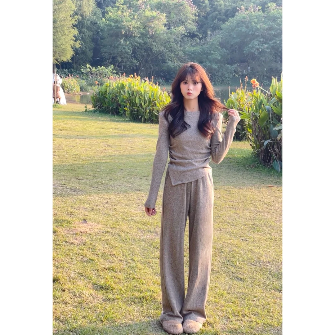 【樱桃小个子】秋冬新款时尚休闲长袖上衣+显瘦阔腿裤套装ZR-T73867