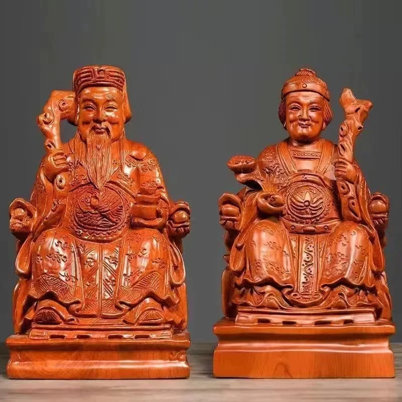 花梨木雕福德正神一对土地公土地婆神像实木质手工不同颜色工艺品